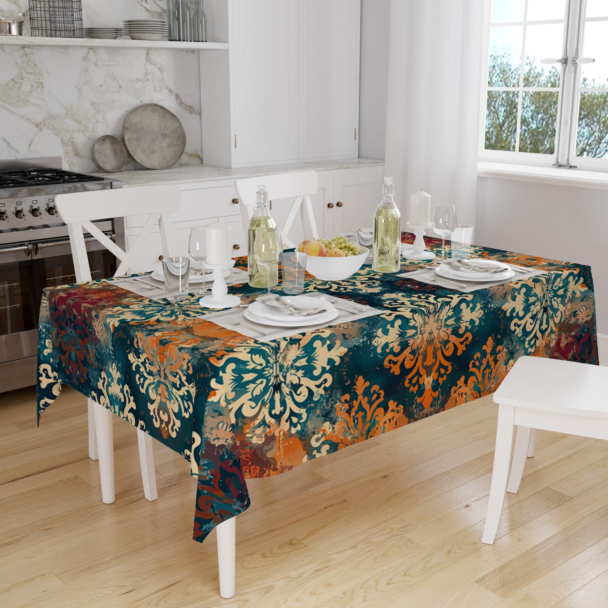 Retro Ottoman Turkish Colorful Tradional Kilim Figures Border Watercolor Background Pattern Tablecloth, Vintage Dining Accent Table Cover