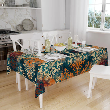 Retro Ottoman Turkish Colorful Tradional Kilim Figures Border Watercolor Background Pattern Tablecloth, Vintage Dining Accent Table Cover