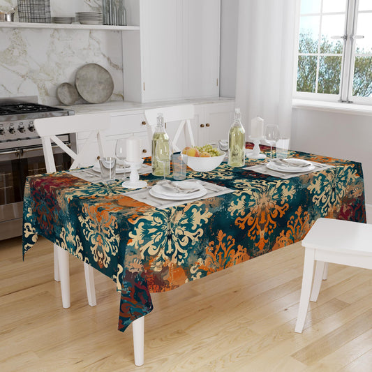 Retro Ottoman Turkish Colorful Tradional Kilim Figures Border Watercolor Background Pattern Tablecloth, Vintage Dining Accent Table Cover