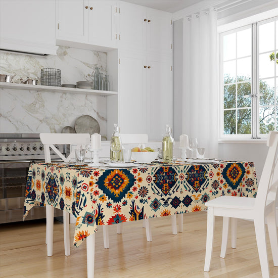 Ethnic Authentic Retro Ottoman Turkish Kilim Aztec Figures Border White Background Pattern Tablecloth, Modern Dining Accent Table Cover