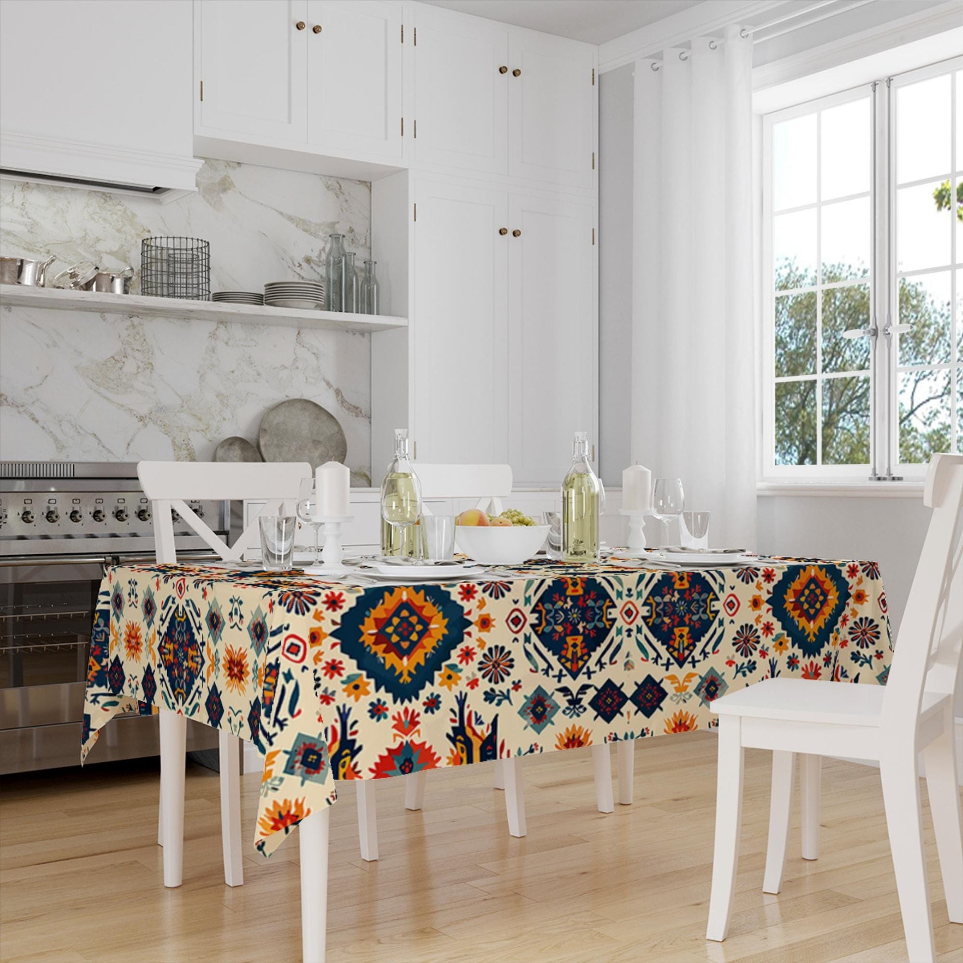 Ethnic Authentic Retro Ottoman Turkish Kilim Aztec Figures Border White Background Pattern Tablecloth, Modern Dining Accent Table Cover