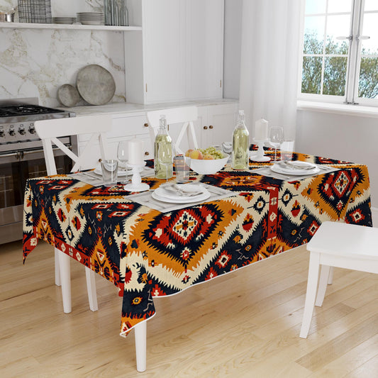 Ethnic Authentic Retro Ottoman Turkish Kilim Aztec Figures Border White Background Pattern Tablecloth, Modern Dining Accent Table Cover
