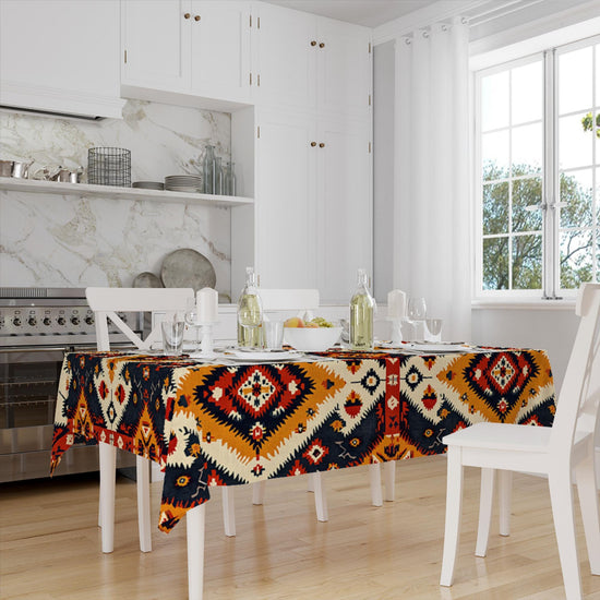 Ethnic Authentic Retro Ottoman Turkish Kilim Aztec Figures Border White Background Pattern Tablecloth, Modern Dining Accent Table Cover