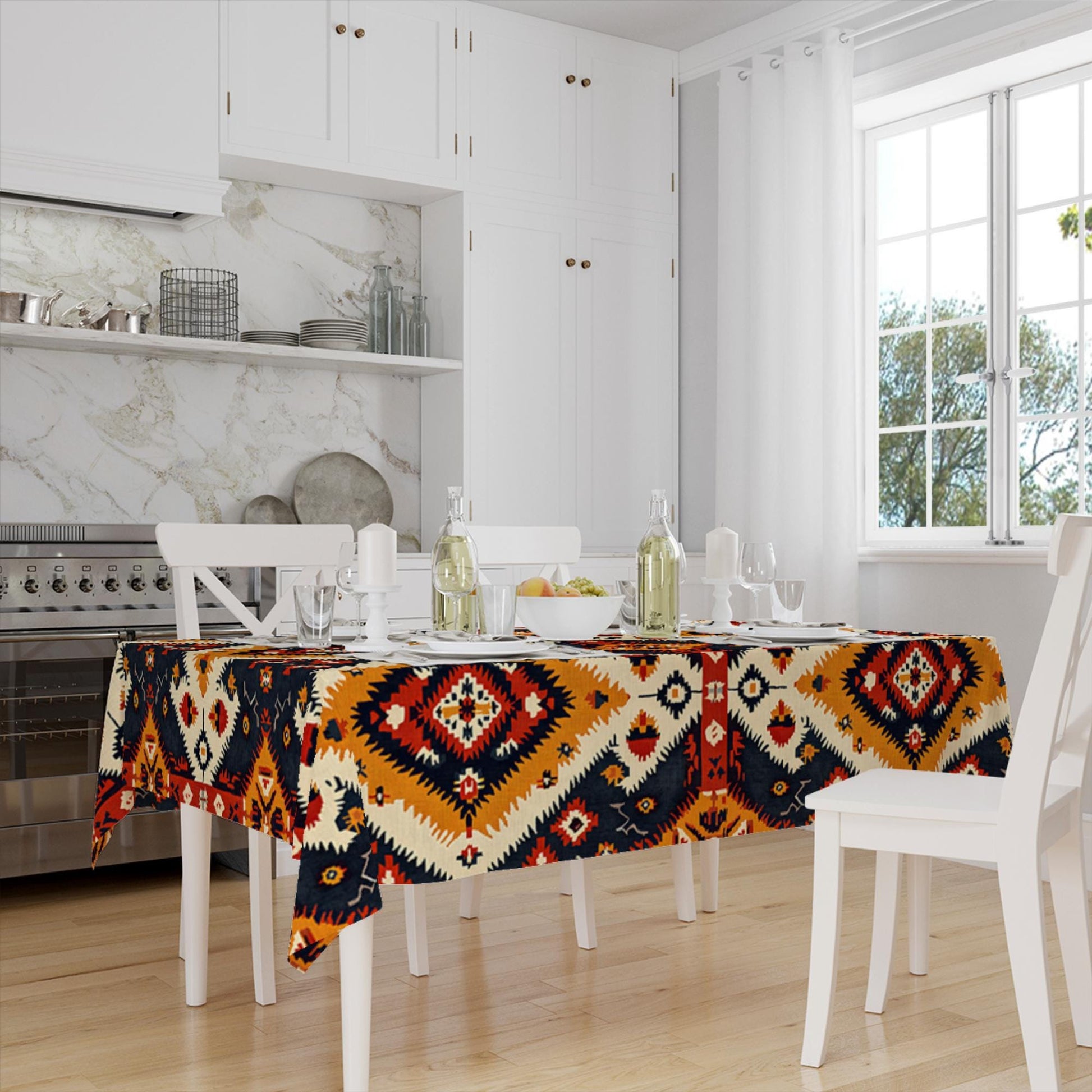 Ethnic Authentic Retro Ottoman Turkish Kilim Aztec Figures Border White Background Pattern Tablecloth, Modern Dining Accent Table Cover