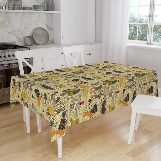 Ethnic Authentic Retro Egyptian Piyramid Figures Border Yellow Background Pattern Tablecloth, Modern Dining Accent Table Cover