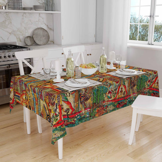 Ethnic Authentic Retro Egyptian Pharaoh Pyramid Figures Border Yellow Background Pattern Tablecloth, Modern Dining Accent Table Cover