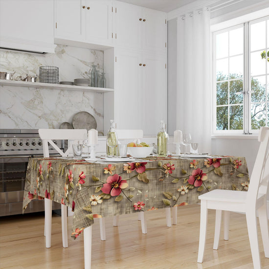 Red Roses Botanical Floral Flowers Branches Brown Background Pattern Tablecloth, Modern Dining Accent Table Cover