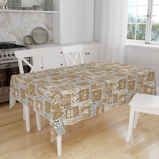 Ethnic Authentic Retro Egyptian Pyramid Eyes Figures Border Brown Background Pattern Tablecloth, Modern Dining Accent Table Cover