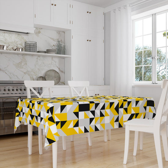 Yellow Gray Black Abstract Triangles Geometric Pattern Table Cloth, Modern Dining Accent Table Cover, Modern Minimal Home Decor