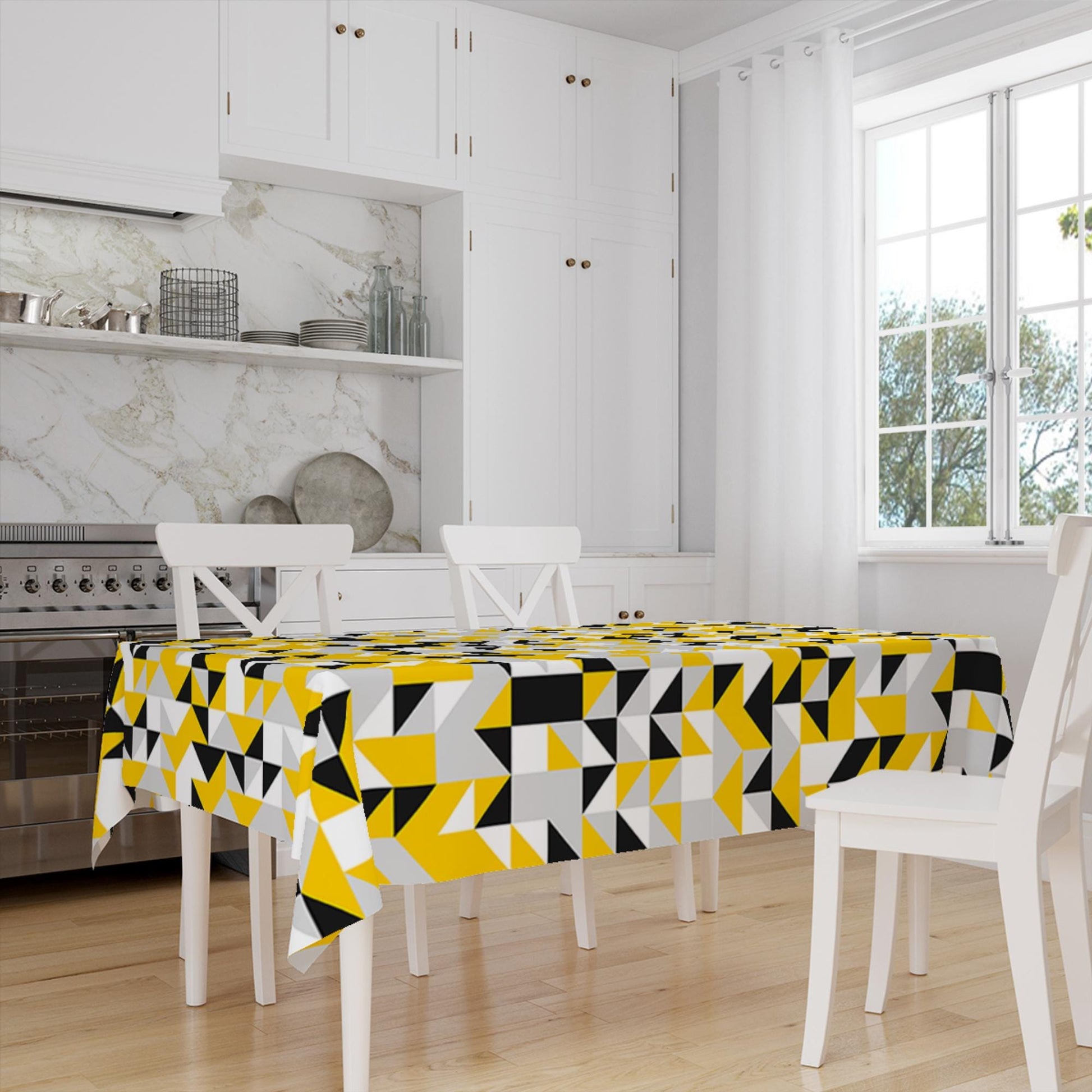 Yellow Gray Black Abstract Triangles Geometric Pattern Table Cloth, Modern Dining Accent Table Cover, Modern Minimal Home Decor