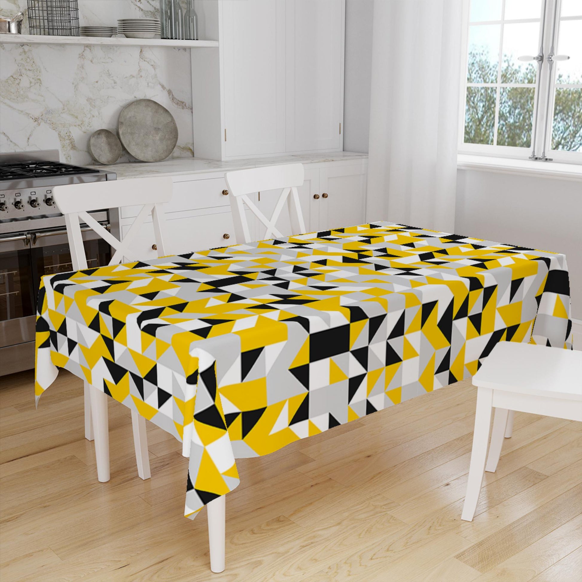 Yellow Gray Black Abstract Triangles Geometric Pattern Table Cloth, Modern Dining Accent Table Cover, Modern Minimal Home Decor
