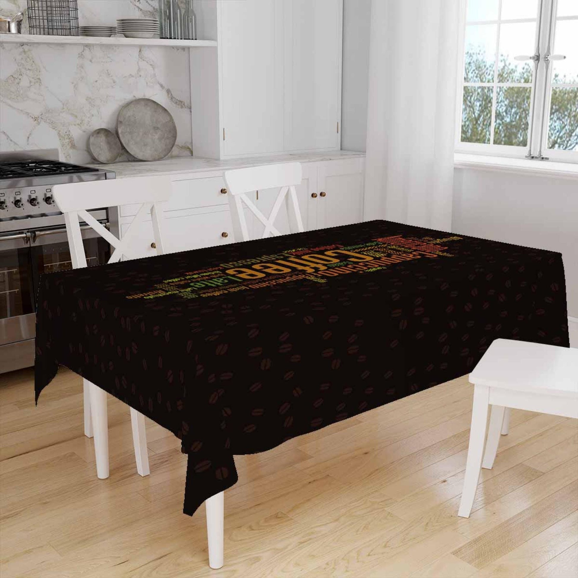Colorful Coffee Writen Cafe Theme Pattern Tablecloth, Modern Dining Accent Table Cover, Modern Kitchen Home Decor