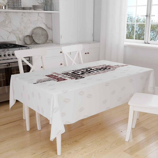 Colorful Coffee Writen Cafe Theme Pattern White Background Tablecloth, Modern Dining Accent Table Cover, Modern Kitchen Home Decor