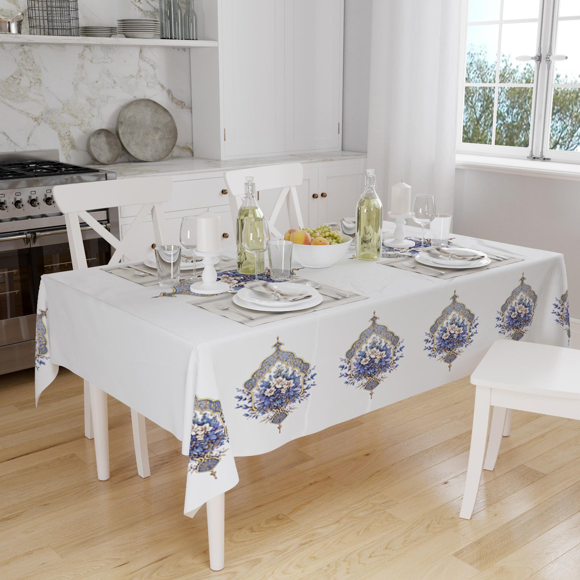 Victorian Blue Floral Flowers Botanical Pattern White Background Tablecloth, Modern Dining Accent Table Cover, Modern Kitchen Home Decor
