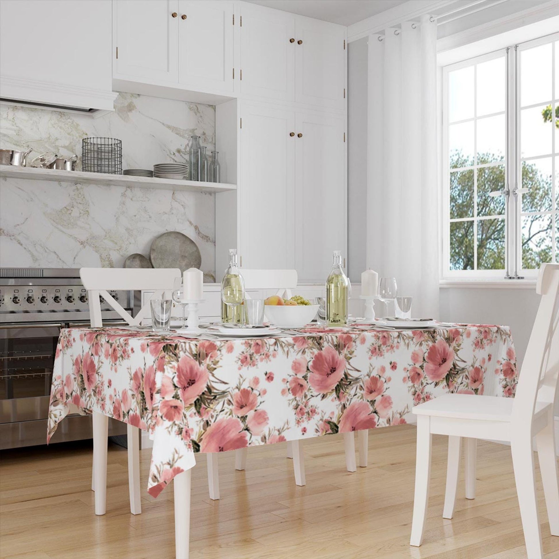 Pink Roses Floral Flowers Spring Botanical Pattern Tablecloth, Modern Dining Accent Table Cover, Modern Kitchen Home Decor