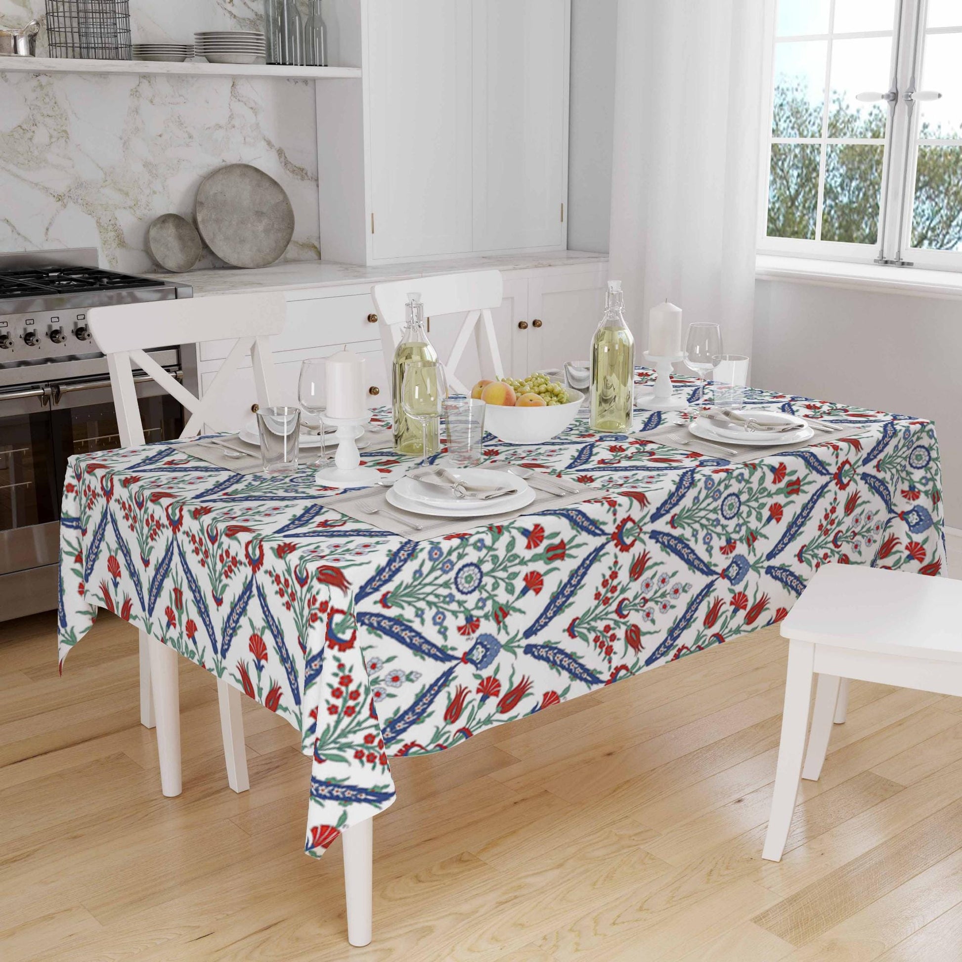 Red Tulips Floral Flowers Spring Botanical Ottoman Turkish Tablecloth, Modern Dining Accent Table Cover, Modern Kitchen Home Decor