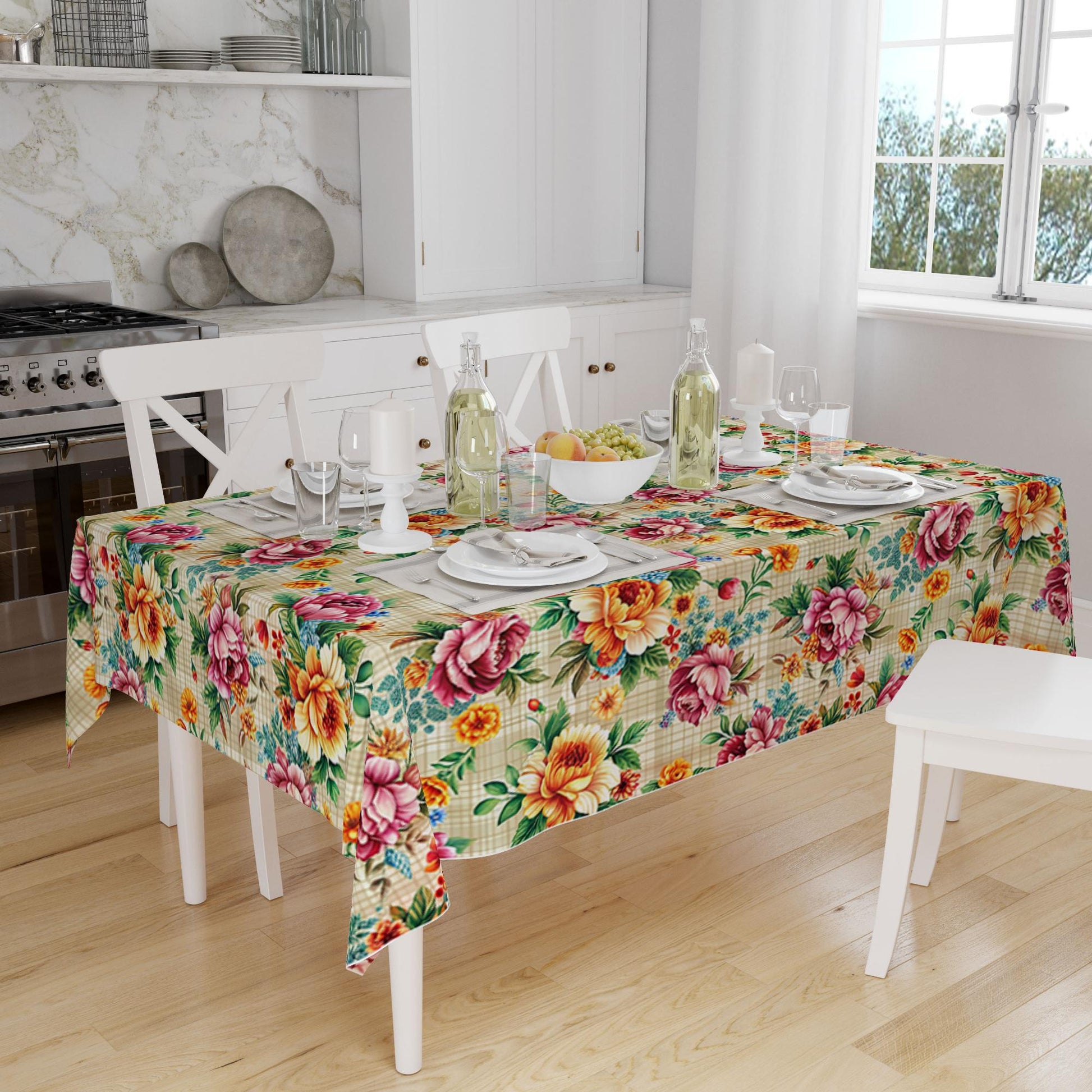 Colorful Summer Roses Floral Flowers Botanical Tablecloth, Modern Dining Accent Table Cover, Modern Kitchen Home Decor