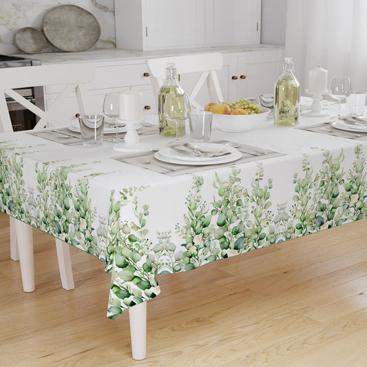 Green White Eucalyptus ivy Floral Flowers Botanical Tablecloth, Modern Dining Accent Table Cover, Modern Kitchen Home Decor