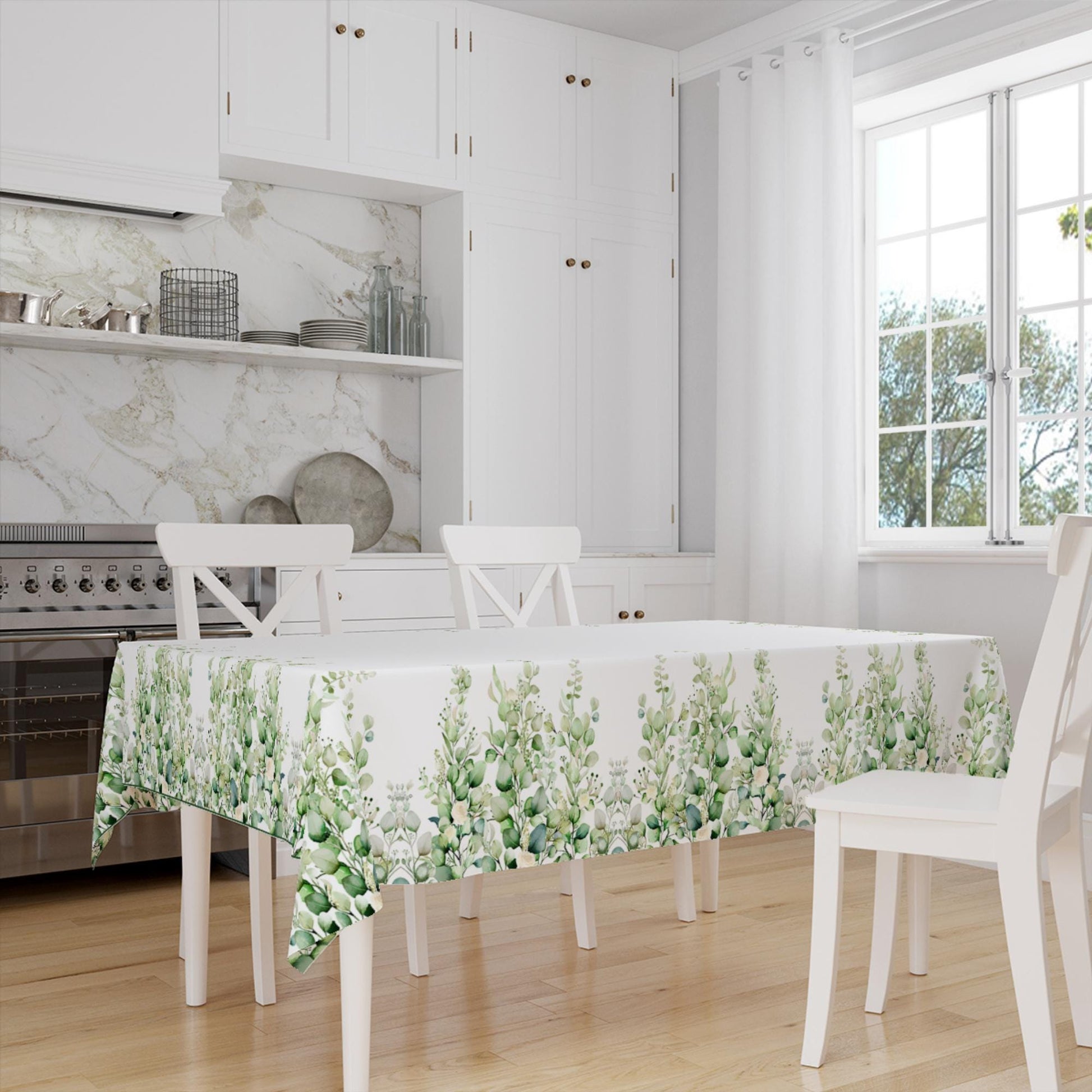 Green White Eucalyptus ivy Floral Flowers Botanical Tablecloth, Modern Dining Accent Table Cover, Modern Kitchen Home Decor