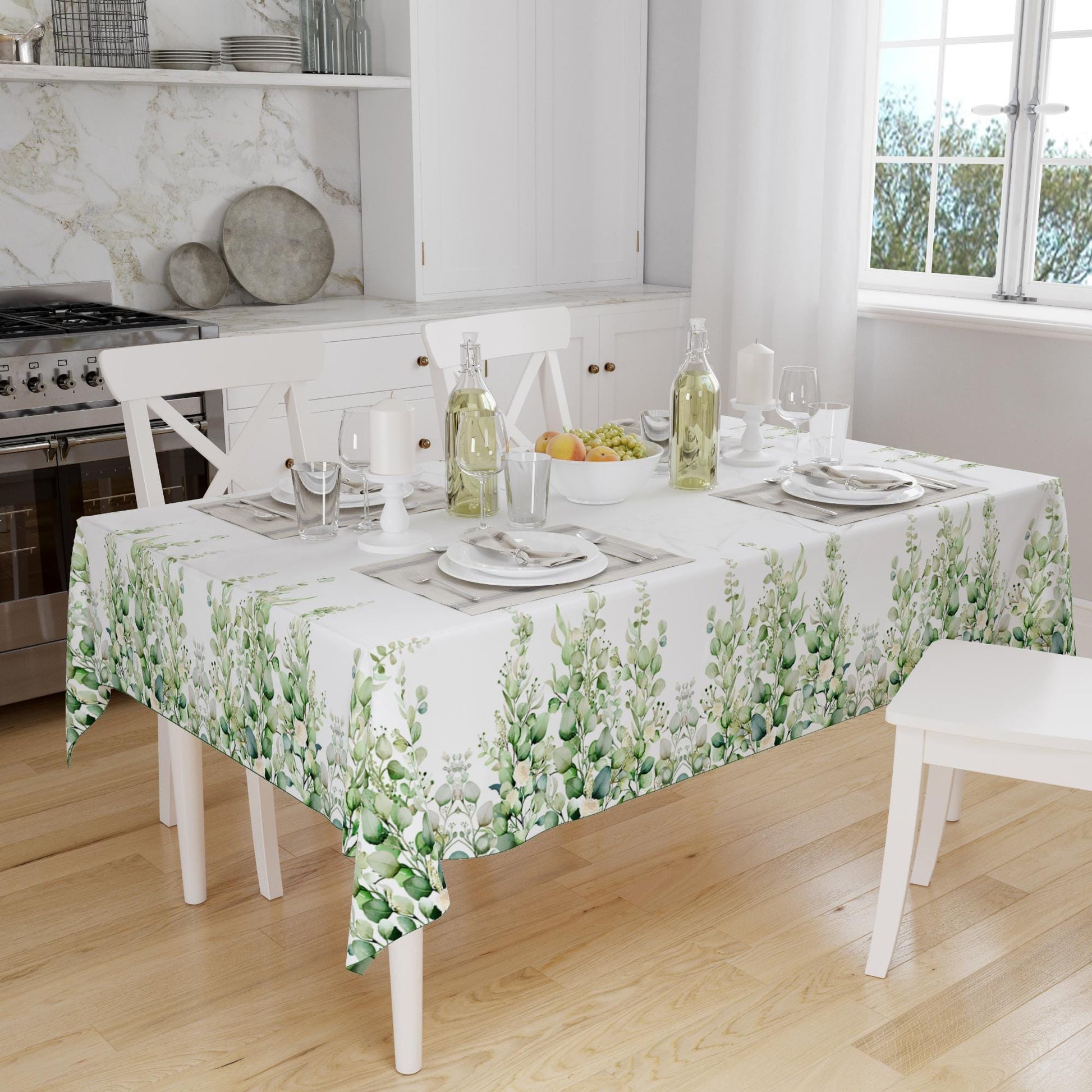 Green White Eucalyptus ivy Floral Flowers Botanical Tablecloth, Modern Dining Accent Table Cover, Modern Kitchen Home Decor
