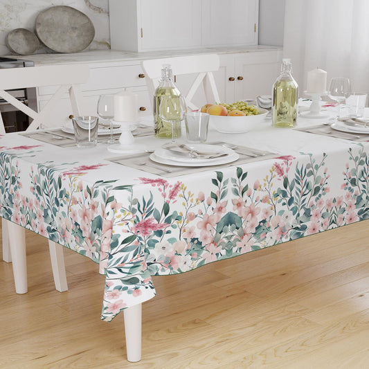 Pink Flowers Green ivy Floral Botanical Tablecloth, Modern Dining Accent Table Cover, Modern Kitchen Home Decor