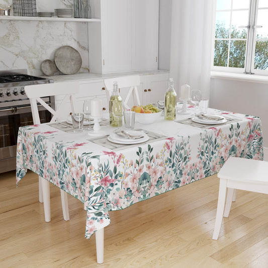 Pink Flowers Green ivy Floral Botanical Tablecloth, Modern Dining Accent Table Cover, Modern Kitchen Home Decor
