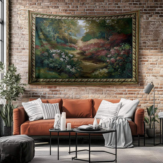Vintage French Garden Botanical Tapestry Verdure Wall Hanging with Château Garden, Moody Dark Cottagecore Decor for Bedroom and Living Room