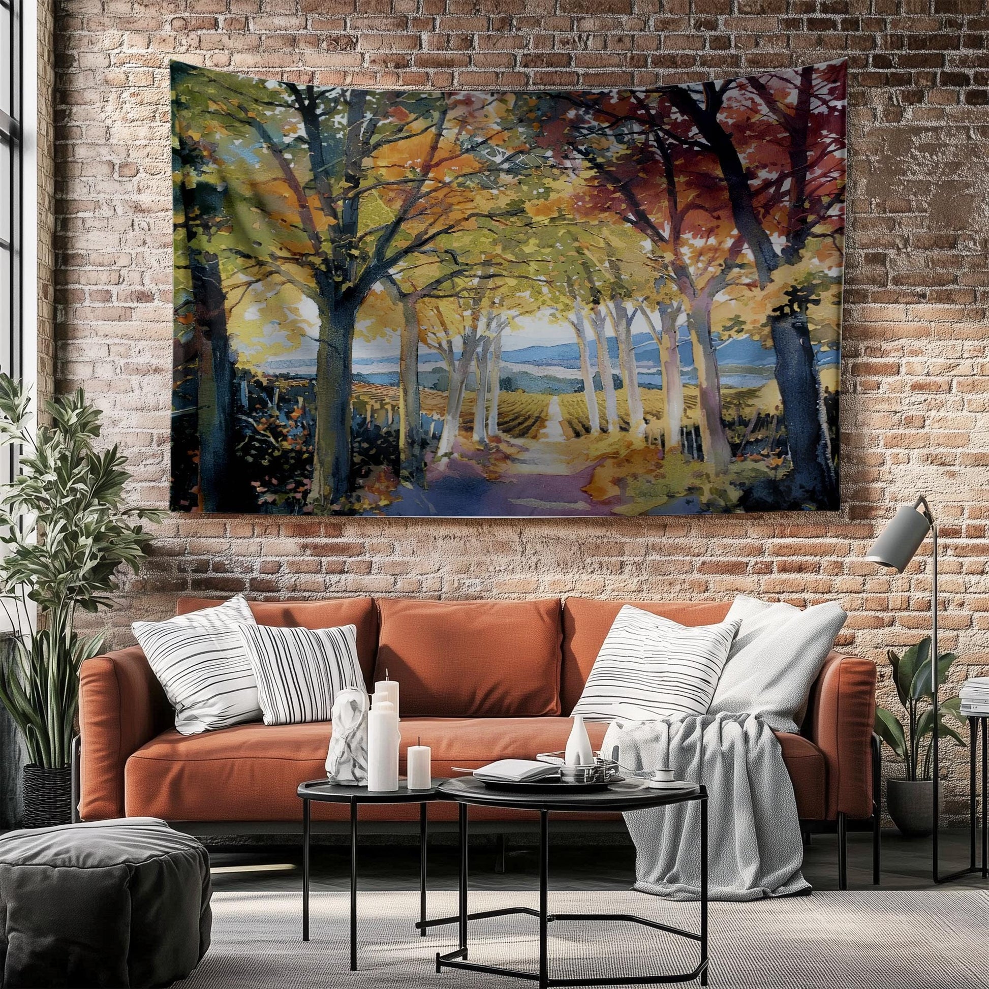 Autumn Forest Tapestry - Large Mountain Wall Hanging, Living Room Decor, Tree Landscape Scene, Nature Photo Wall Art