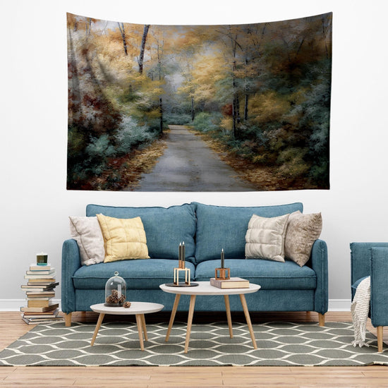 Watercolor Forest Tapestry Wall Hanging, Woodland Path Tree Art, Cozy Fall Living Room Decor, Seasonal Nature Wall Accent