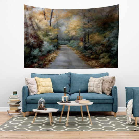Watercolor Forest Tapestry Wall Hanging, Woodland Path Tree Art, Cozy Fall Living Room Decor, Seasonal Nature Wall Accent