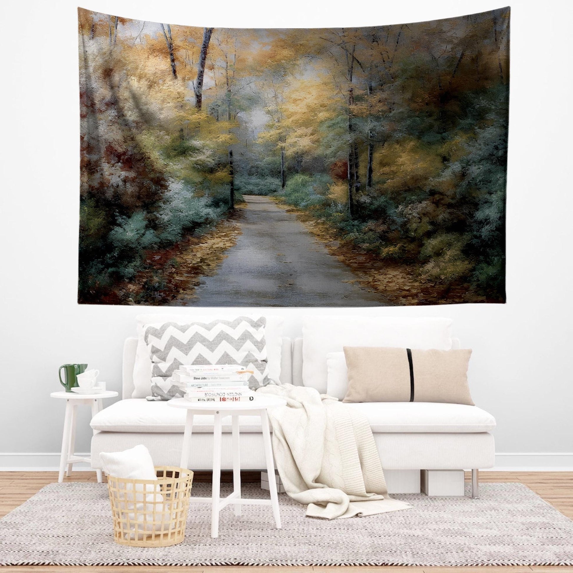 Watercolor Forest Tapestry Wall Hanging, Woodland Path Tree Art, Cozy Fall Living Room Decor, Seasonal Nature Wall Accent