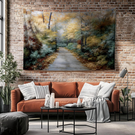 Watercolor Forest Tapestry Wall Hanging, Woodland Path Tree Art, Cozy Fall Living Room Decor, Seasonal Nature Wall Accent