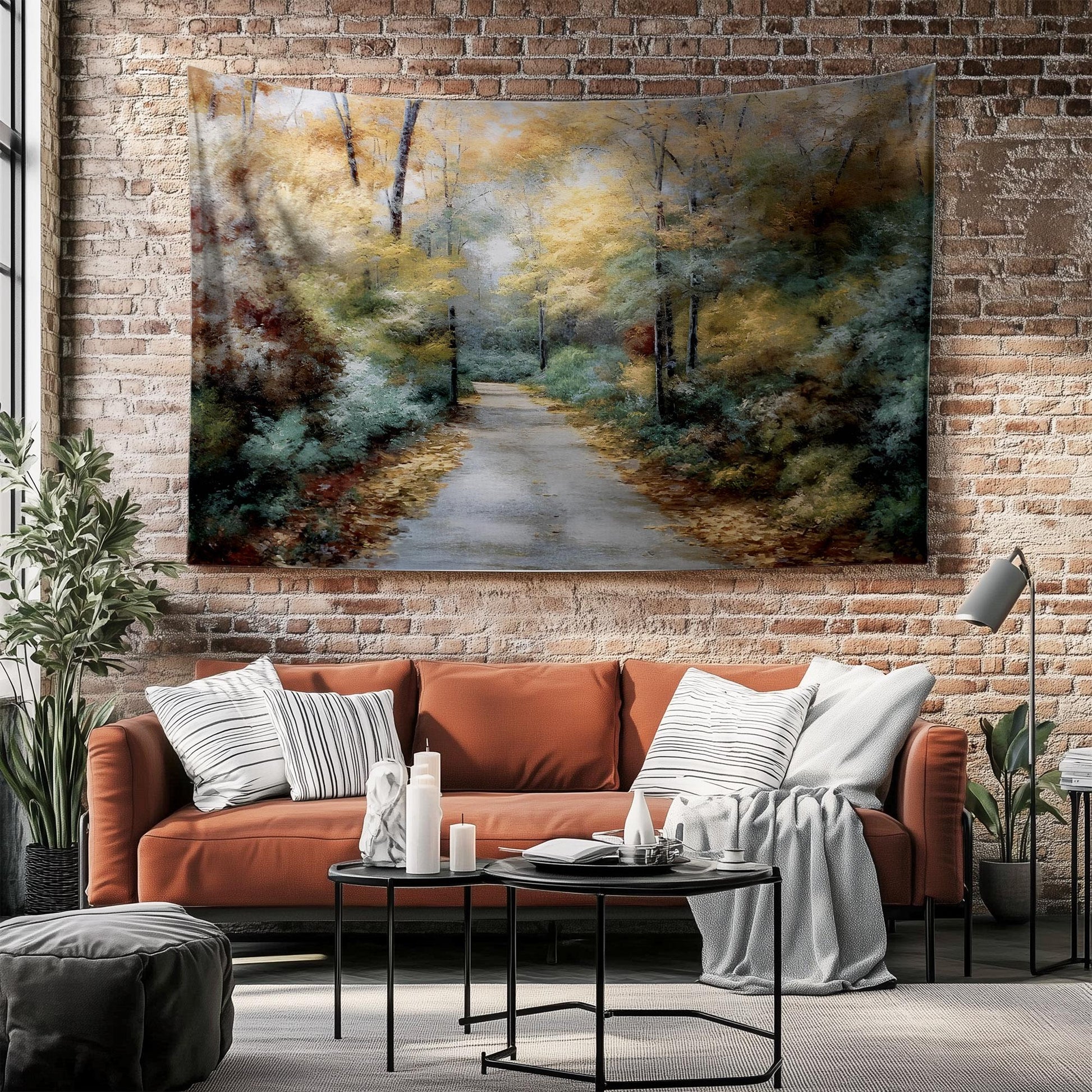 Watercolor Forest Tapestry Wall Hanging, Woodland Path Tree Art, Cozy Fall Living Room Decor, Seasonal Nature Wall Accent