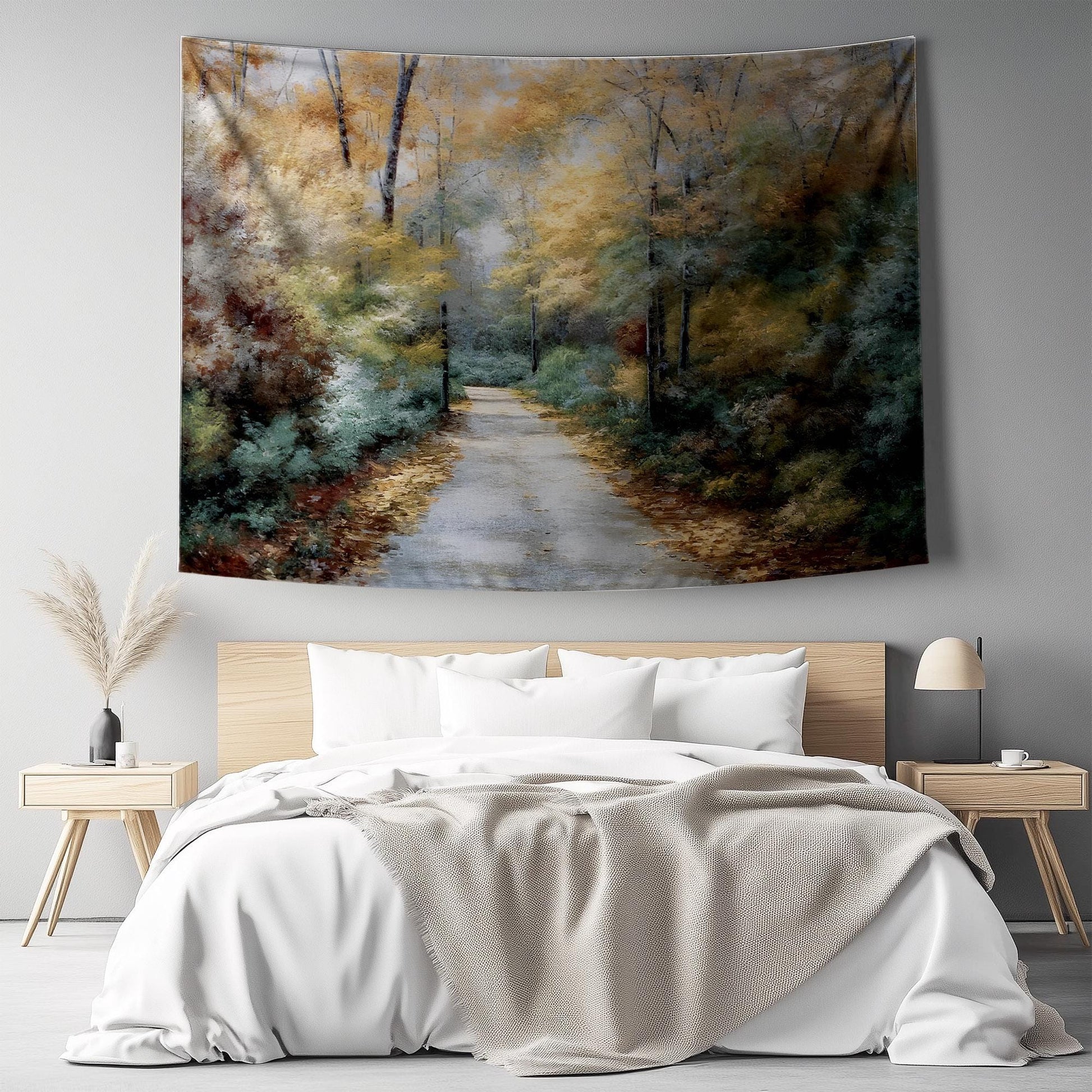 Watercolor Forest Tapestry Wall Hanging, Woodland Path Tree Art, Cozy Fall Living Room Decor, Seasonal Nature Wall Accent