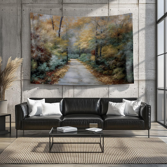 Watercolor Forest Tapestry Wall Hanging, Woodland Path Tree Art, Cozy Fall Living Room Decor, Seasonal Nature Wall Accent