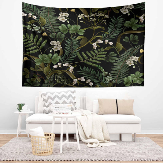 Green Botanical Tapestry Wall Hanging, Wild Flower Floral Home Decor, Cozy Fall Living Room Decor, Bedroom Nature Wall Accent