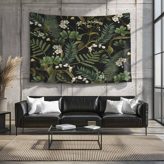 Green Botanical Tapestry Wall Hanging, Wild Flower Floral Home Decor, Cozy Fall Living Room Decor, Bedroom Nature Wall Accent