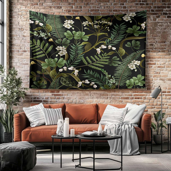 Green Botanical Tapestry Wall Hanging, Wild Flower Floral Home Decor, Cozy Fall Living Room Decor, Bedroom Nature Wall Accent