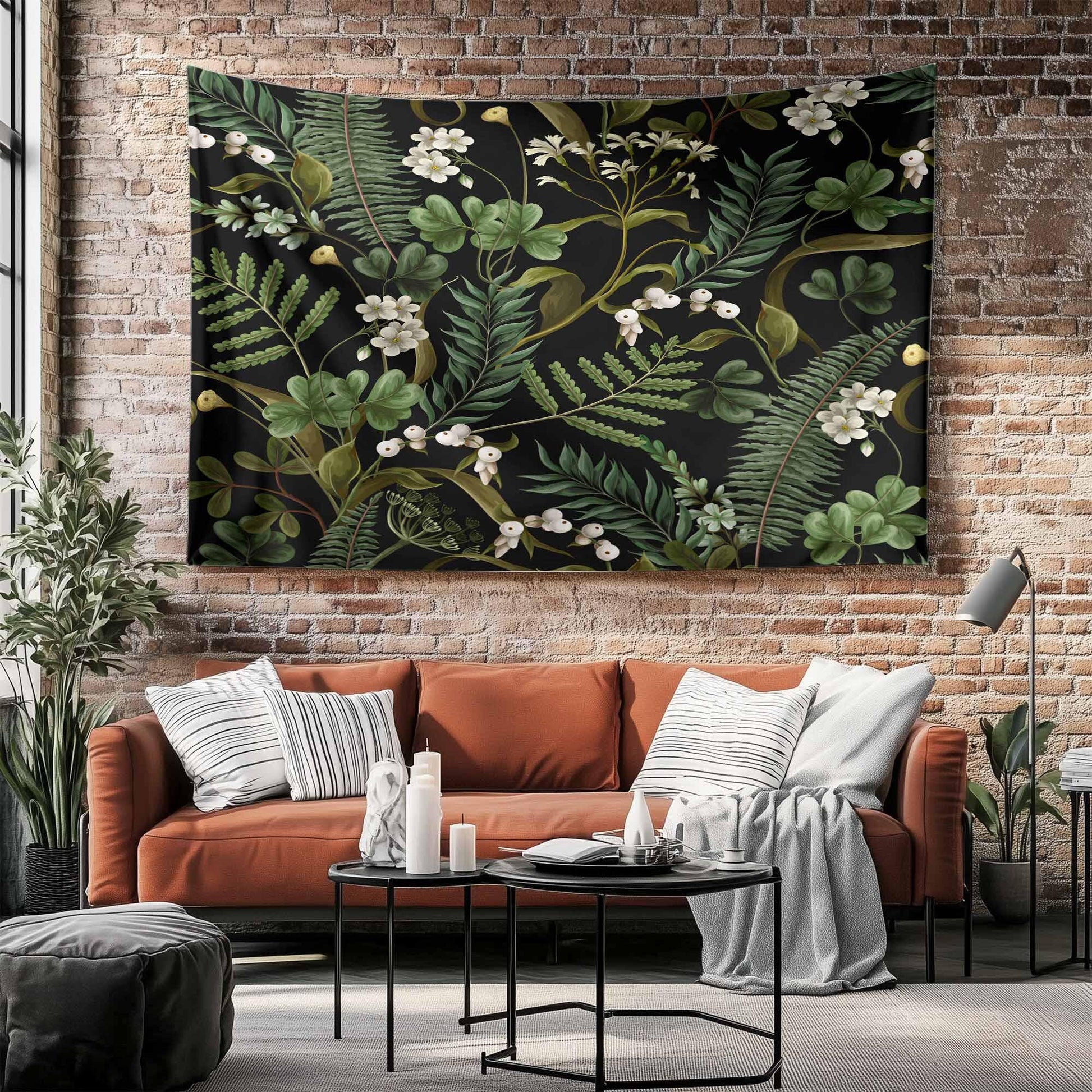 Green Botanical Tapestry Wall Hanging, Wild Flower Floral Home Decor, Cozy Fall Living Room Decor, Bedroom Nature Wall Accent