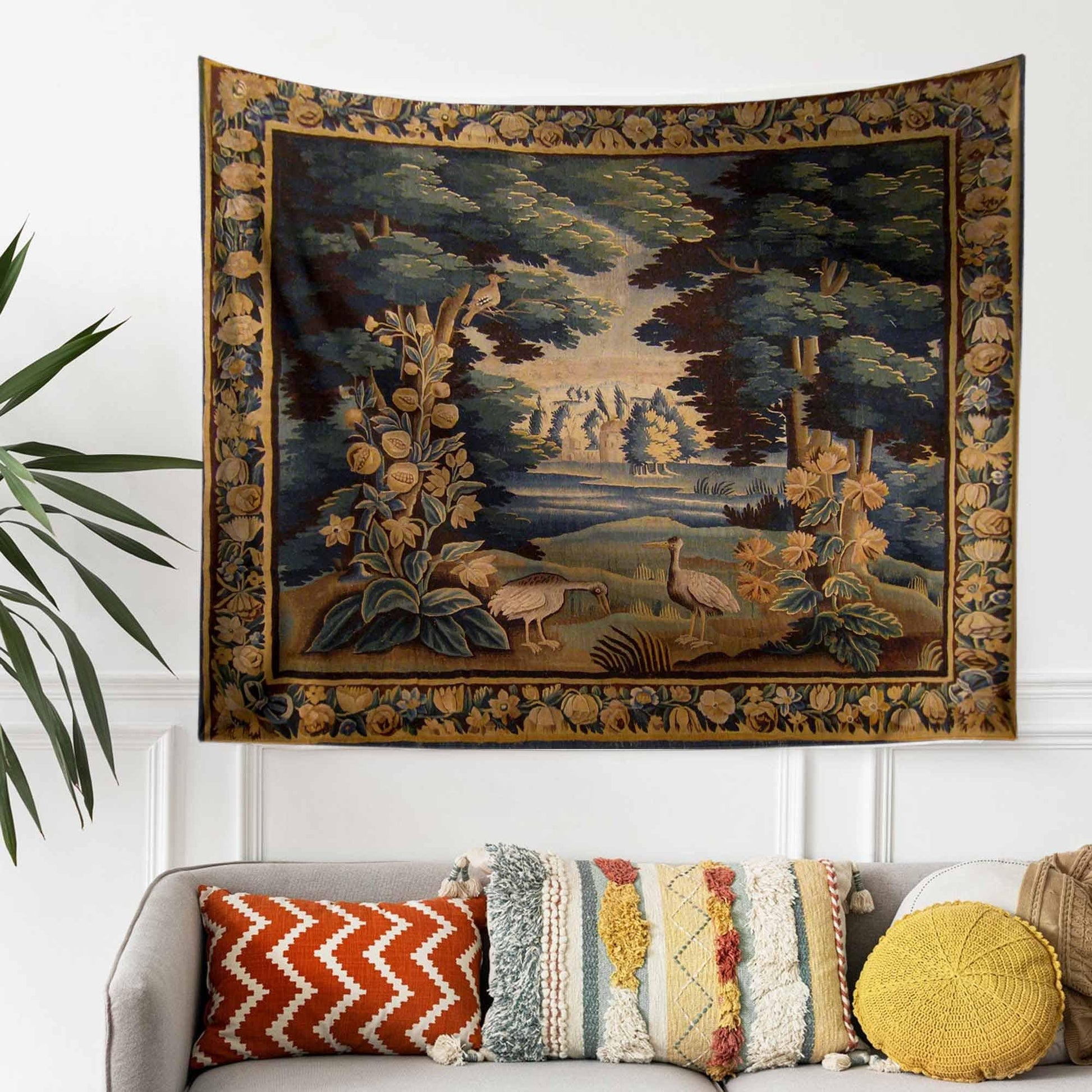 French Wall Tapestry Vintage Royal Garden Verdure, Dark Cottagecore Bedroom Decoration, Boho Wall Hanging