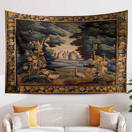 French Wall Tapestry Vintage Royal Garden Verdure, Dark Cottagecore Bedroom Decoration, Boho Wall Hanging