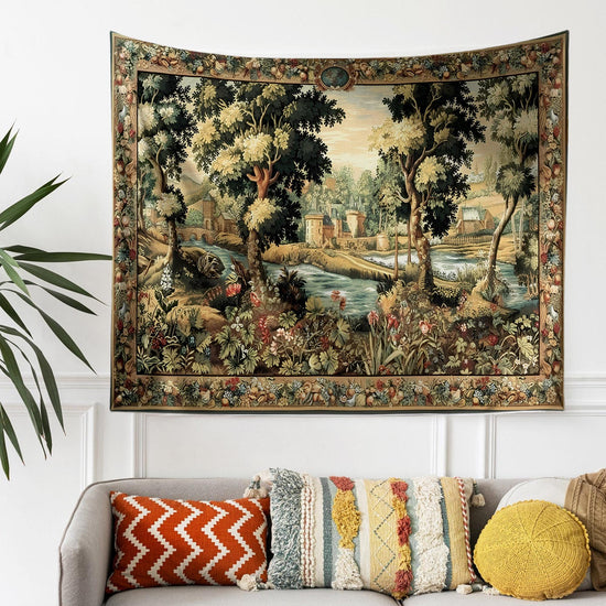 Medieval Tapestry Wall Hang French Garden Floral Verdure Tapestry French Country European Tapestry Dark Cottagecore Vintage antique fabric