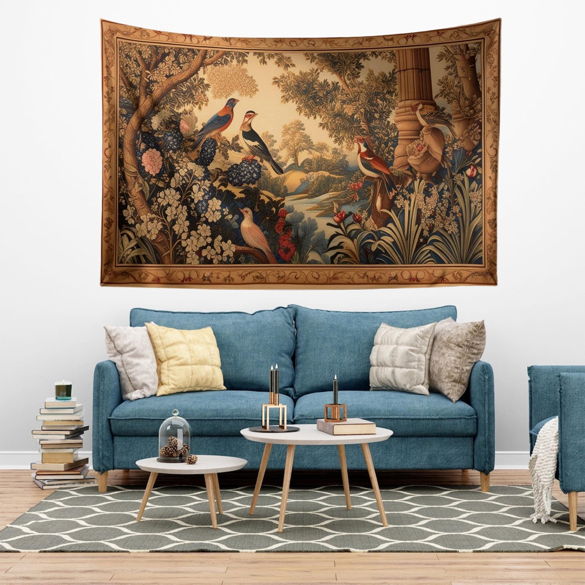 Medieval Tapestry  Garden of Birds Wall Hanging Vintage French Garden Floral Woven Antique Tapestry French Country Decor European Tapestry