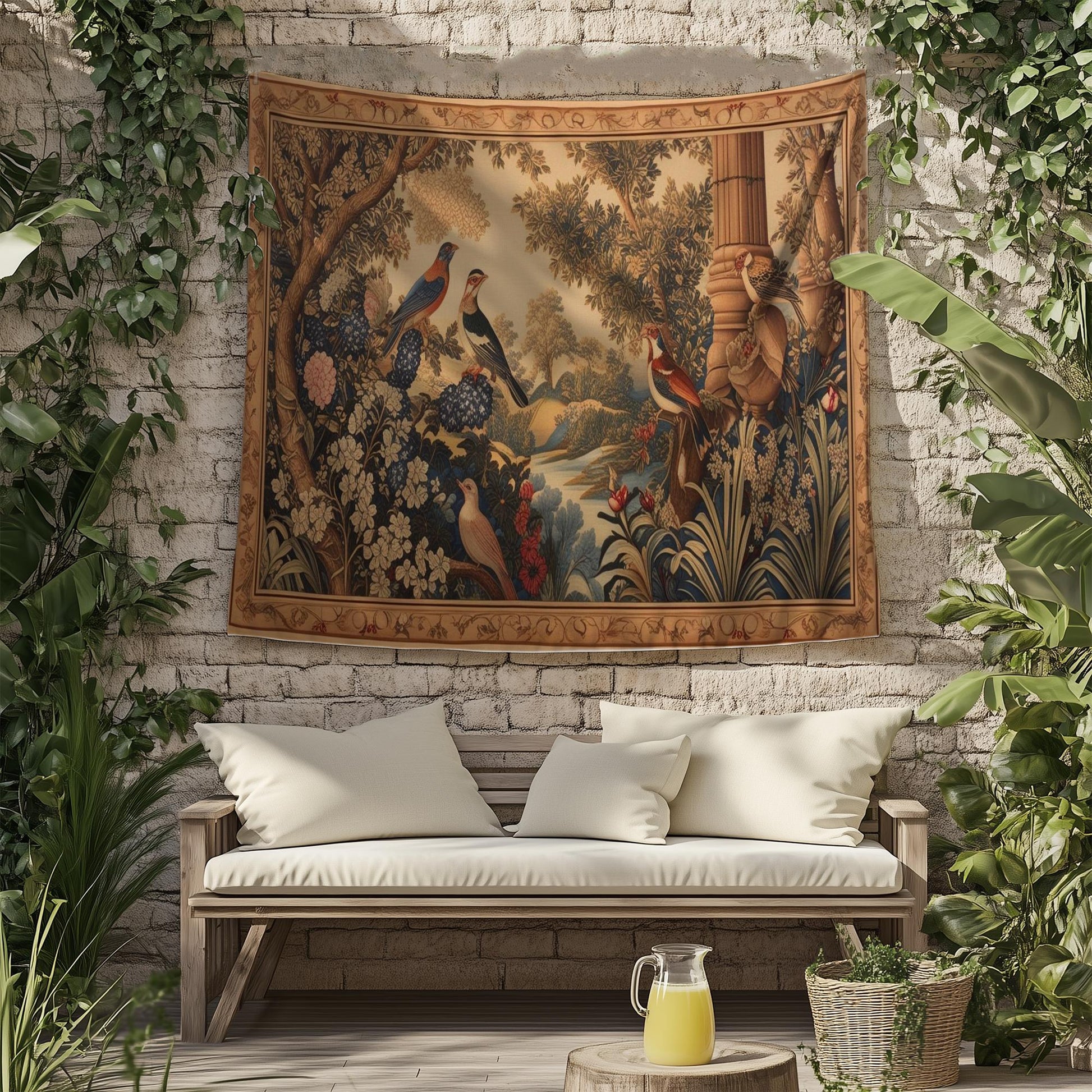 Medieval Tapestry  Garden of Birds Wall Hanging Vintage French Garden Floral Woven Antique Tapestry French Country Decor European Tapestry