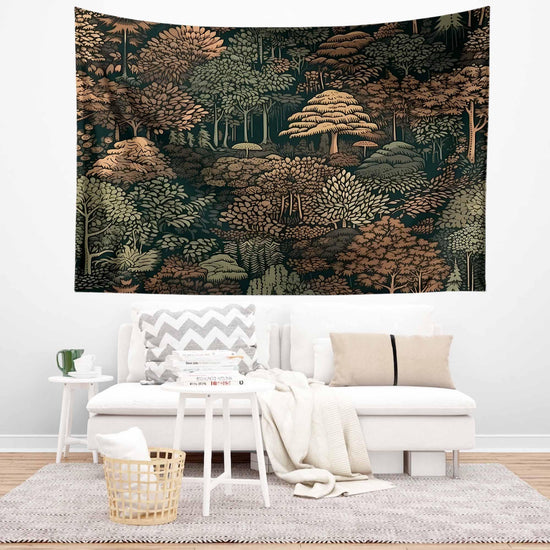 Nature Botanical Forest Tapestry – Green Brown Woodland Tree Wall Art, Aesthetic Home Decor, Tree Tapestry for Living Room Bedroom