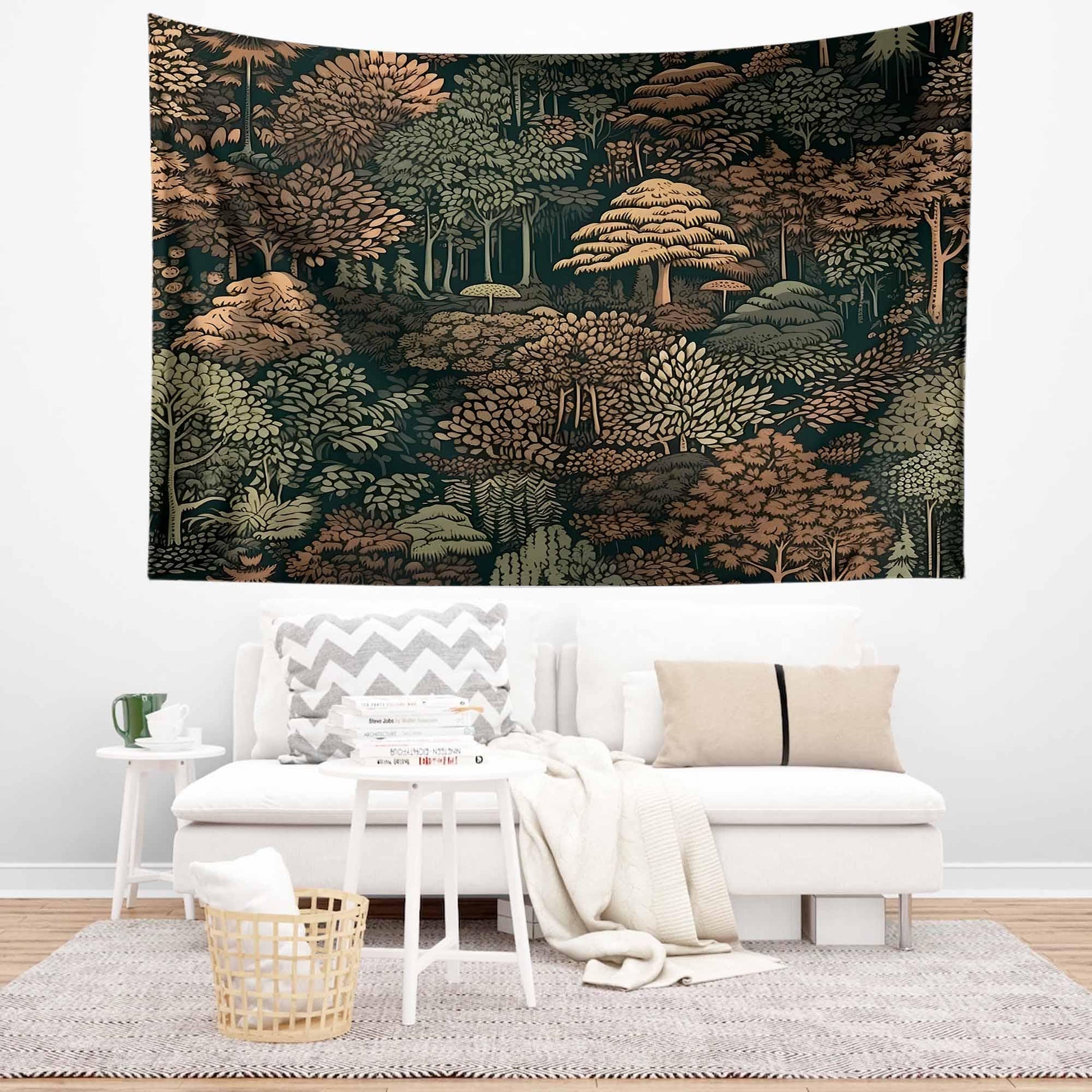 Nature Botanical Forest Tapestry – Green Brown Woodland Tree Wall Art, Aesthetic Home Decor, Tree Tapestry for Living Room Bedroom