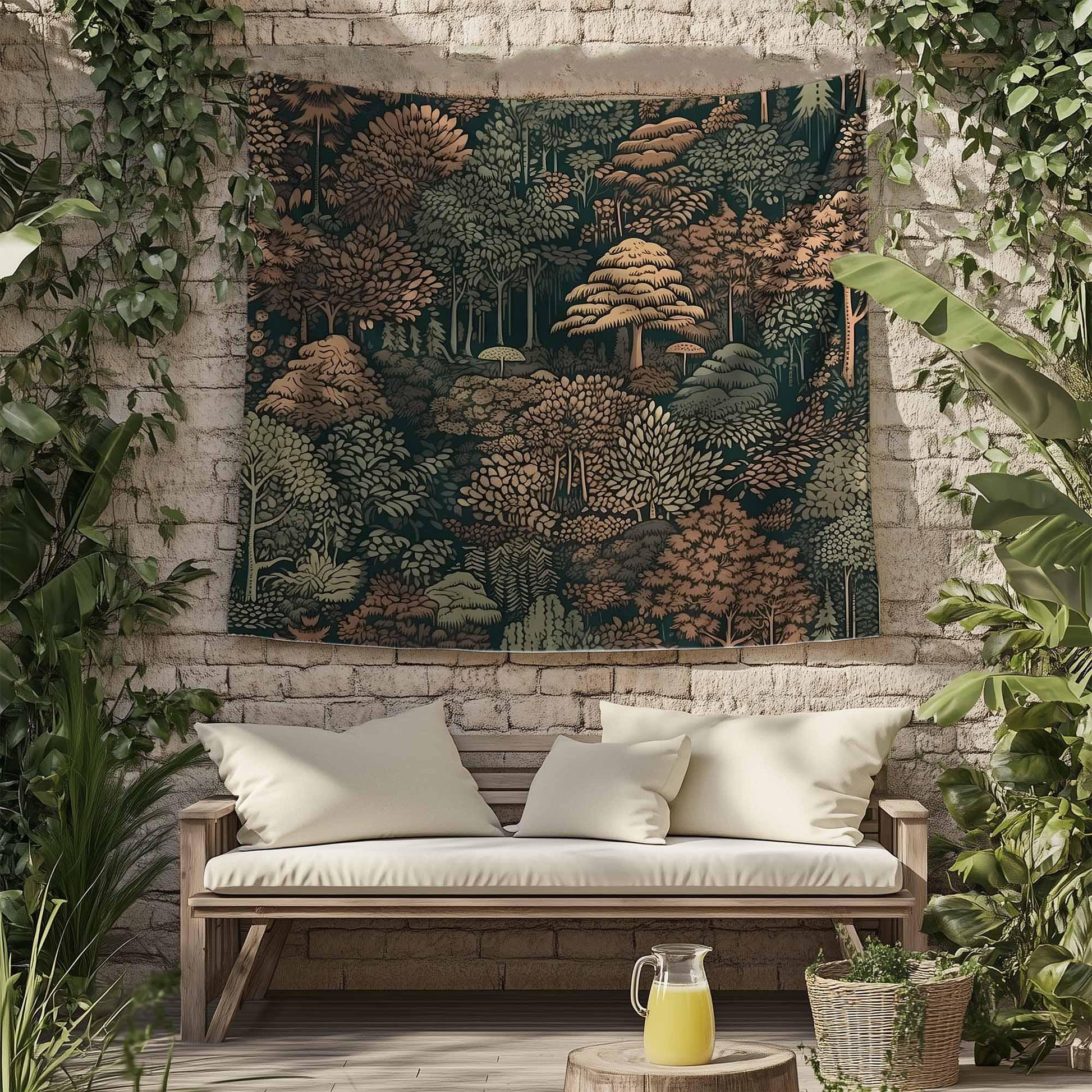 Nature Botanical Forest Tapestry – Green Brown Woodland Tree Wall Art, Aesthetic Home Decor, Tree Tapestry for Living Room Bedroom