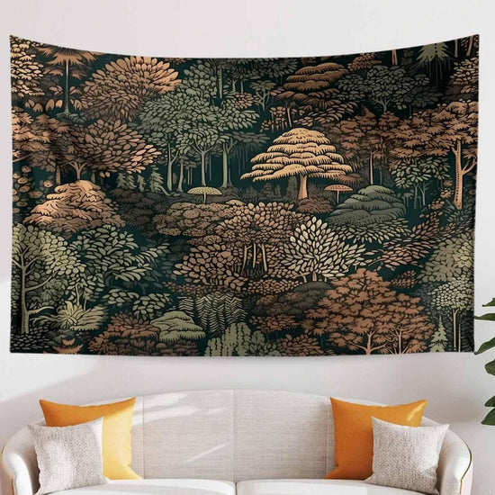 Nature Botanical Forest Tapestry – Green Brown Woodland Tree Wall Art, Aesthetic Home Decor, Tree Tapestry for Living Room Bedroom