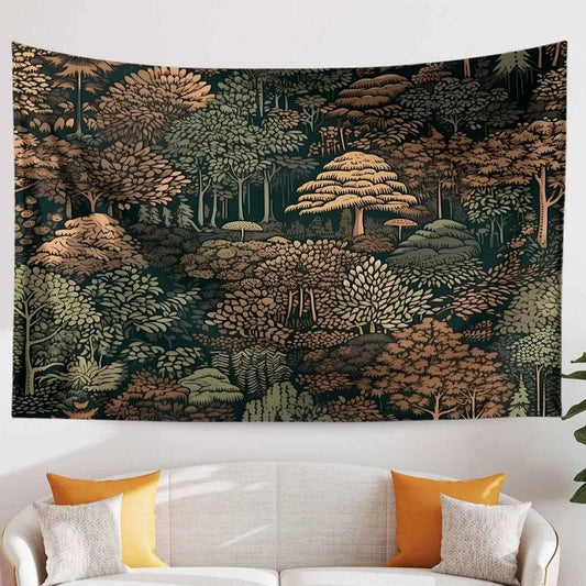 Nature Botanical Forest Tapestry – Green Brown Woodland Tree Wall Art, Aesthetic Home Decor, Tree Tapestry for Living Room Bedroom