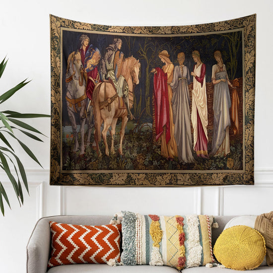 Medieval French Tapestry Wall Art - Departure of the Knights of Camelot, 15th Century Antique Decor, Historical Medieval Art Textile